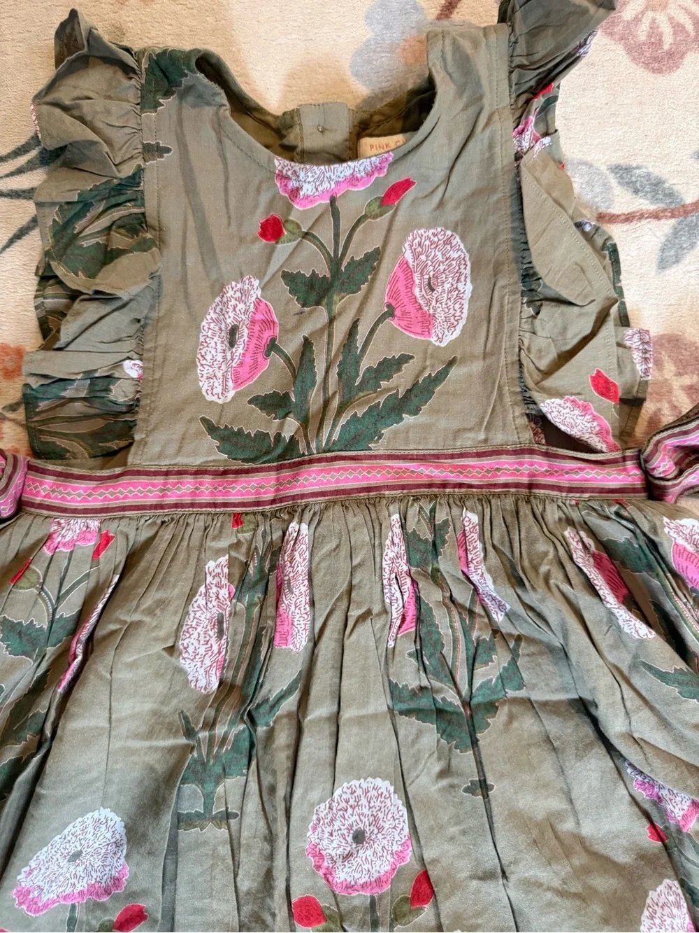 Pink Chicken Olive Floral Ruffle Dress with Pink Embroidery